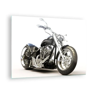 Cuadro sobre vidrio - Impresiones sobre Vidrio - Una motocicleta chopper negra sobre un fondo claro. - 70x50cm - Una fuerza con carácter - Decoración de pared moderna para salón y dormitorio ARTTOR