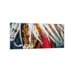 Cuadro sobre vidrio - Impresiones sobre Vidrio - Primer plano de plumas multicolores en colores vibrantes e intensos. - 120x50cm - Los misterios del vuelo - Decoración de pared moderna para salón y dormitorio ARTTOR