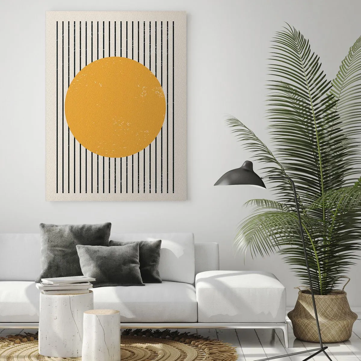Cuadro sobre vidrio - Impresiones sobre Vidrio - Un círculo amarillo sobre un fondo de líneas horizontales blancas y negras. - 80x120cm - El poder de la sencillez - Decoración de pared moderna para salón y dormitorio ARTTOR