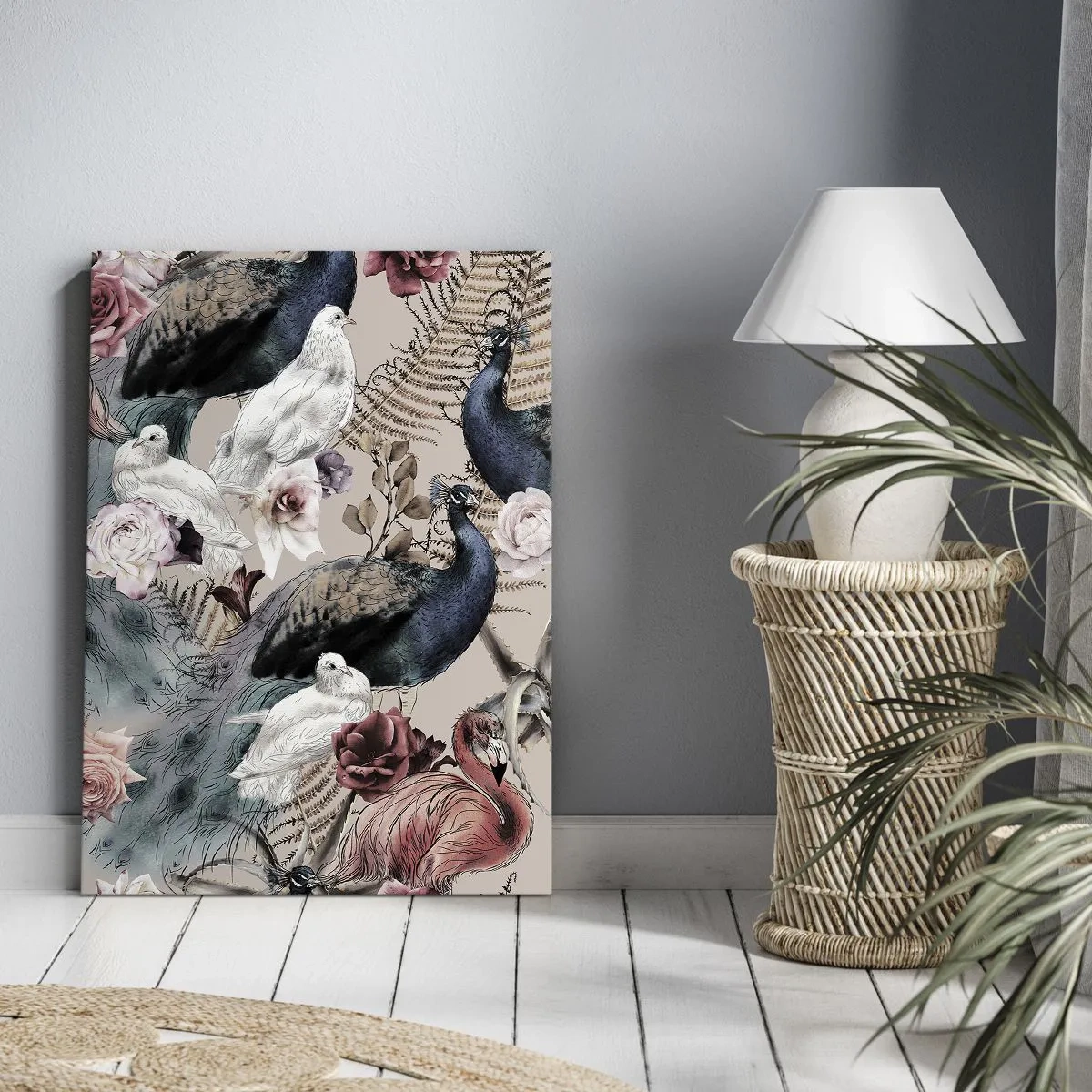 Cuadro sobre lienzo - Impresión de Imagen - Un paisaje con plumas de pavo real, rosas y pájaros en estilo romántico. - 50x70cm - En un jardín de palacio - Decoración de pared moderna para salón y dormitorio ARTTOR
