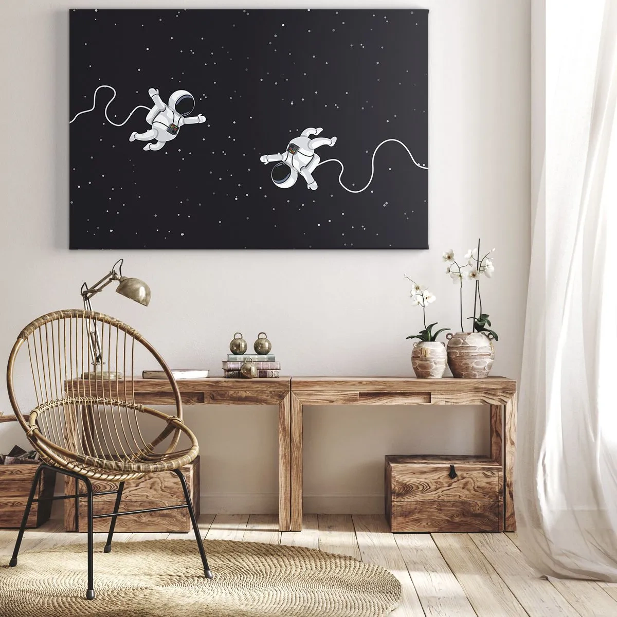Cuadro sobre lienzo - Impresión de Imagen - Astronautas flotando en el espacio con un telón de fondo de estrellas. - 70x50cm - Danza cósmica - Decoración de pared moderna para salón y dormitorio ARTTOR