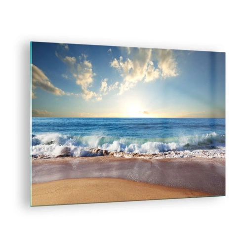 Cuadro sobre vidrio - Impresiones sobre Vidrio - Olas del océano rompiendo en una playa dorada al amanecer - 70x50cm - Movimiento y quietud al mismo tiempo - Decoración de pared moderna para salón y dormitorio ARTTOR