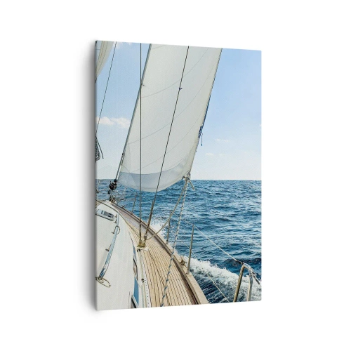 Cuadro sobre lienzo - Impresión de Imagen - Un velero en un mar tranquilo bajo un cielo azul. - 70x100cm - Ahoy, a la aventura - Decoración de pared moderna para salón y dormitorio ARTTOR