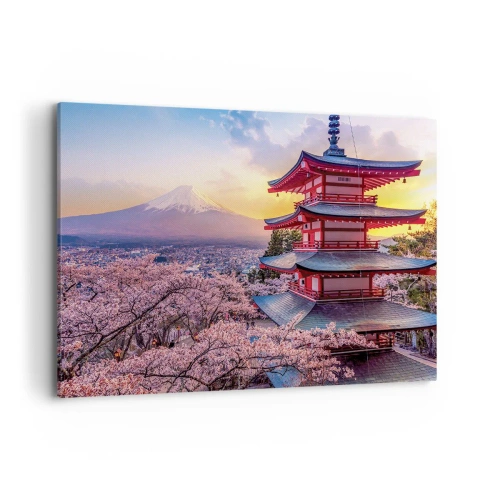 Cuadro sobre lienzo - Impresión de Imagen - Una pagoda en Japón con flores de cerezo y el monte Fuji. - 100x70cm - La esencia del espíritu japonés - Decoración de pared moderna para salón y dormitorio ARTTOR