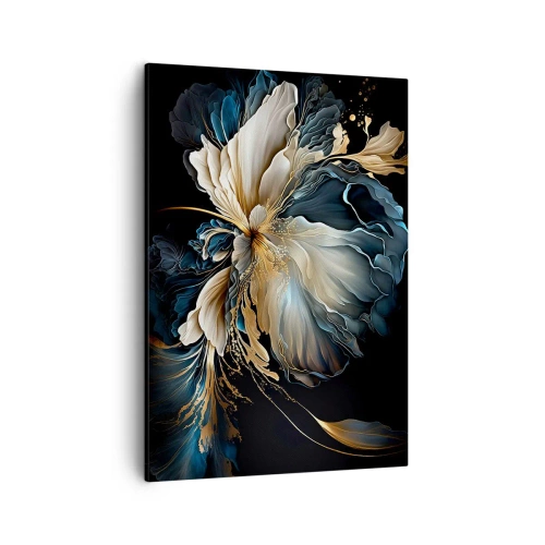 Cuadro sobre lienzo - Impresión de Imagen - Una flor en tonos dorados y azul marino sobre un fondo negro. - 50x70cm - Flor de helecho de cuento - Decoración de pared moderna para salón y dormitorio ARTTOR