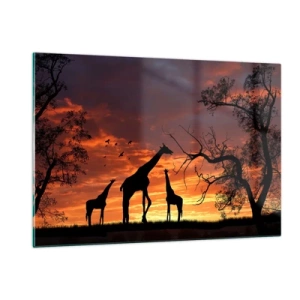 Cuadro sobre vidrio - Impresiones sobre Vidrio - Siluetas de jirafas con el telón de fondo de una puesta de sol en un paisaje africano - 120x80cm - Una pequeña cena con tus seres queridos - Decoración de pared moderna para salón y dormitorio ARTTOR