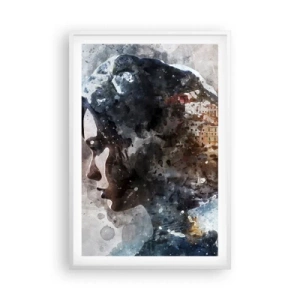 Póster en marco blanco - Una historia sobre una niña con una ciudad de fondo - 61x91 cm