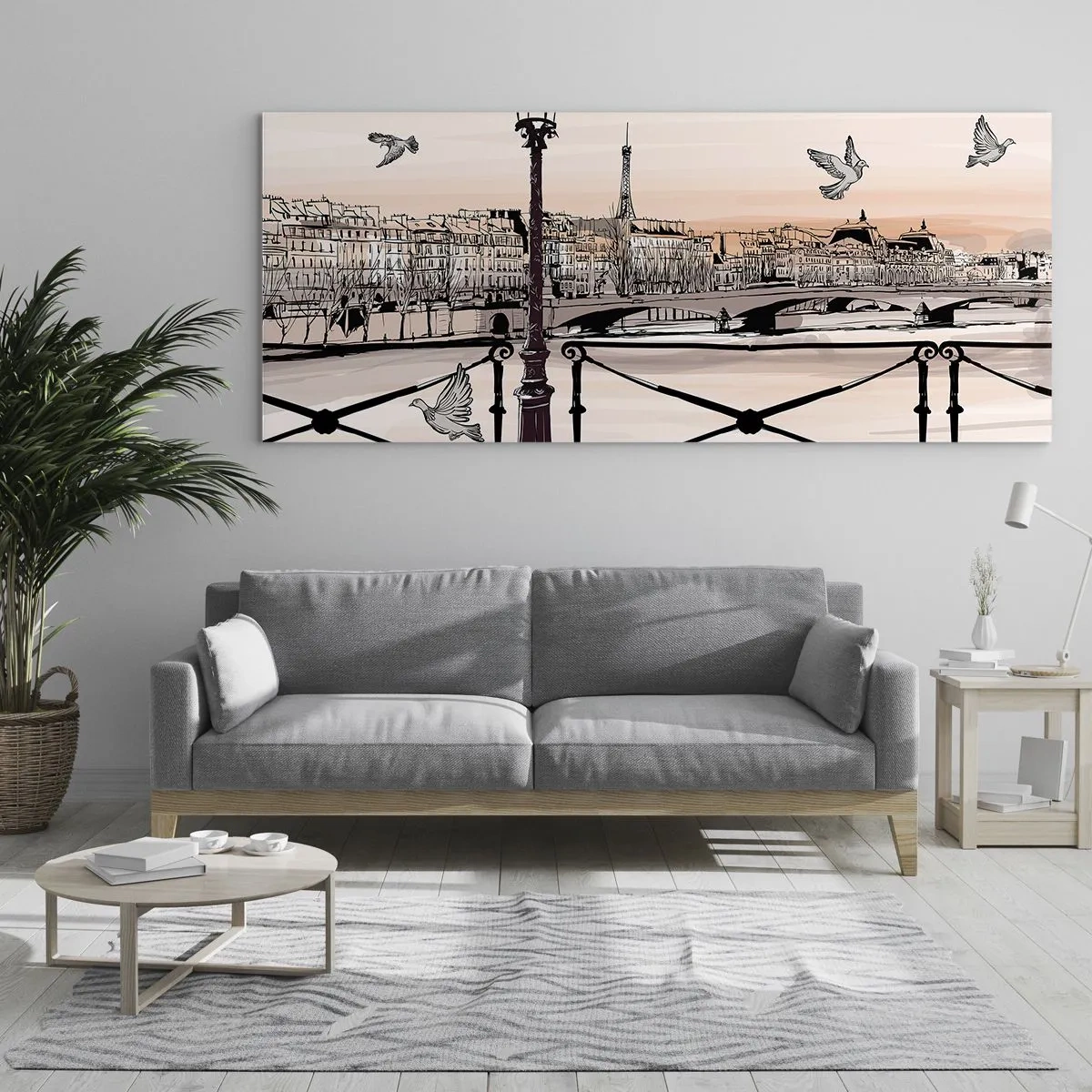 Cuadro sobre vidrio - Impresiones sobre Vidrio - Vista parisina con una linterna y un puente. - 160x50cm - Sobre los tejados de París - Decoración de pared moderna para salón y dormitorio ARTTOR