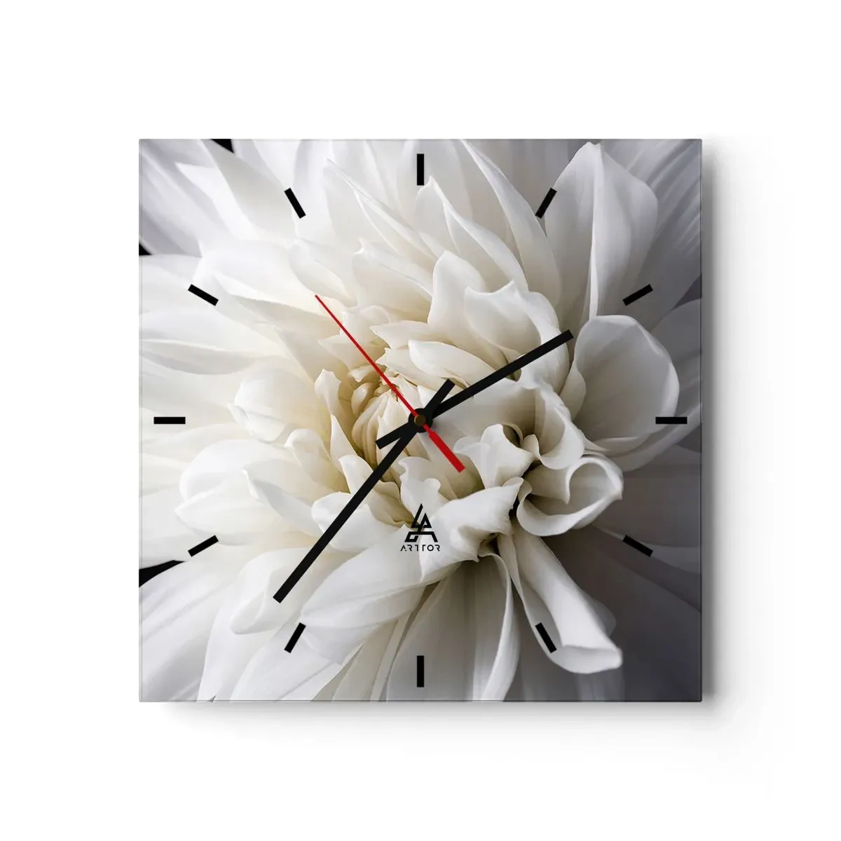 Reloj de pared - Reloj de vidrio - Una delicada flor blanca sobre un fondo negro en una elegante composición. - 30x30cm - La novia de la mañana - Decoración de pared moderna para salón y dormitorio ARTTOR
