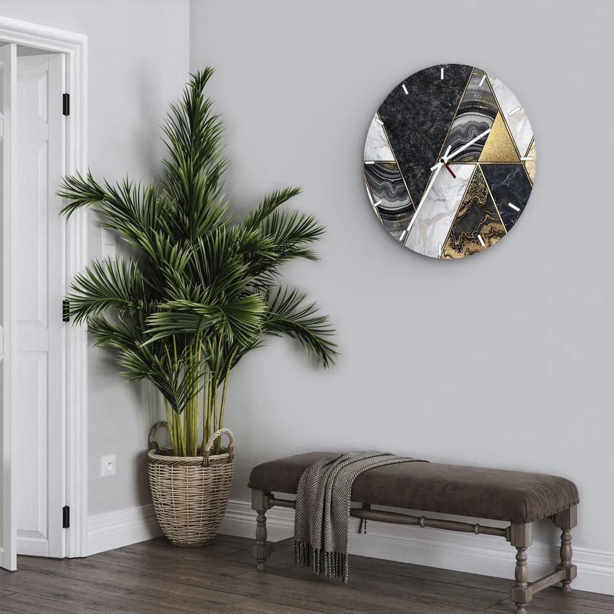 Reloj de pared - Reloj de vidrio - Triángulos de oro y mármol en un mosaico geométrico. - 30x30cm - Collage de piedras - Decoración de pared moderna para salón, cocina y dormitorio ARTTOR