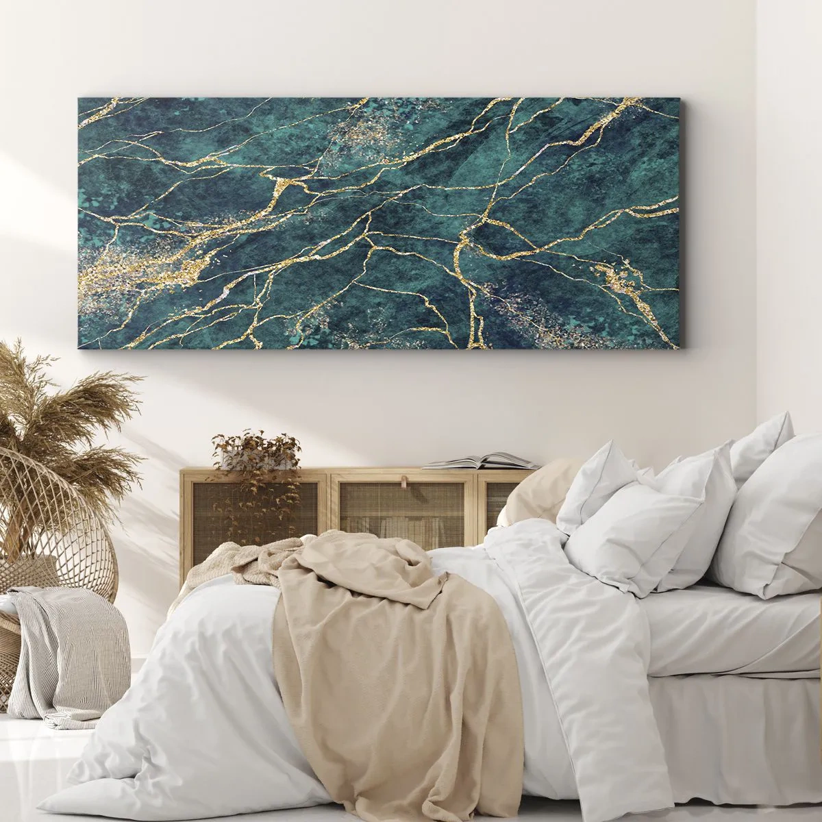 Cuadro sobre lienzo - Impresión de Imagen - Patrón de mármol texturizado en tonos turquesa y dorado. - 160x50cm - Riachuelos de oro - Decoración de pared moderna para salón y dormitorio ARTTOR