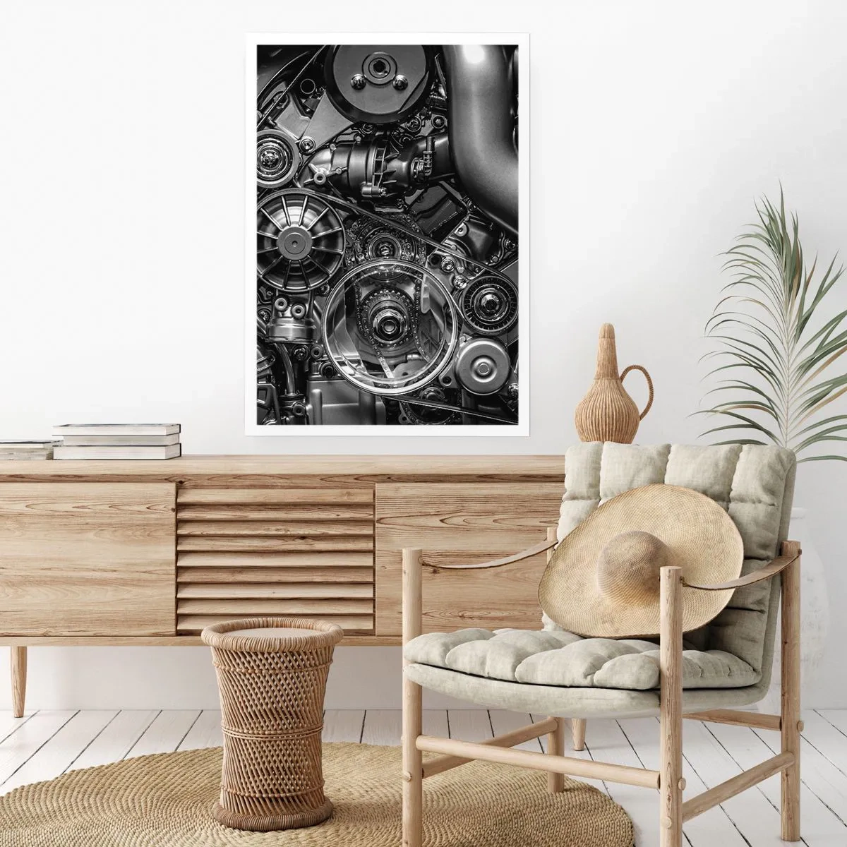 Póster - Primer plano detallado de los componentes mecánicos del motor en blanco y negro. - 50x70cm - La poesía de la mecánica - Decoración de pared moderna para salón y dormitorio ARTTOR