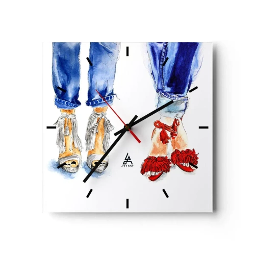 Reloj de pared - Reloj de vidrio - Ilustración de dos pares de zapatos con elegantes sandalias y jeans. - 30x30cm - ¿Por qué no vamos a dar un paseo? - Decoración de pared moderna para salón y dormitorio ARTTOR