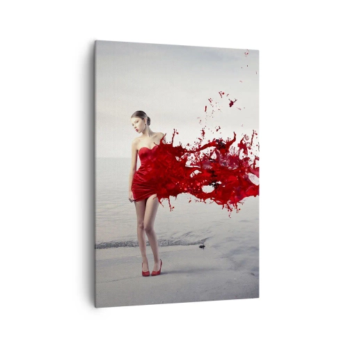 Cuadro sobre lienzo - Impresión de Imagen - Una mujer con un vestido rojo en una composición artística junto al agua. - 70x100cm - Apasionada como la escarlata - Decoración de pared moderna para salón y dormitorio ARTTOR