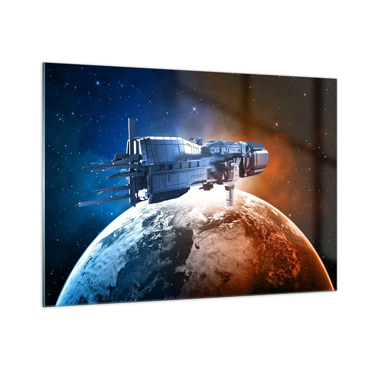 Cuadro sobre vidrio - Impresiones sobre Vidrio - Una nave espacial orbitando un planeta a la luz de las estrellas. - 100x70cm - Un observador atento - Decoración de pared moderna para salón y dormitorio ARTTOR