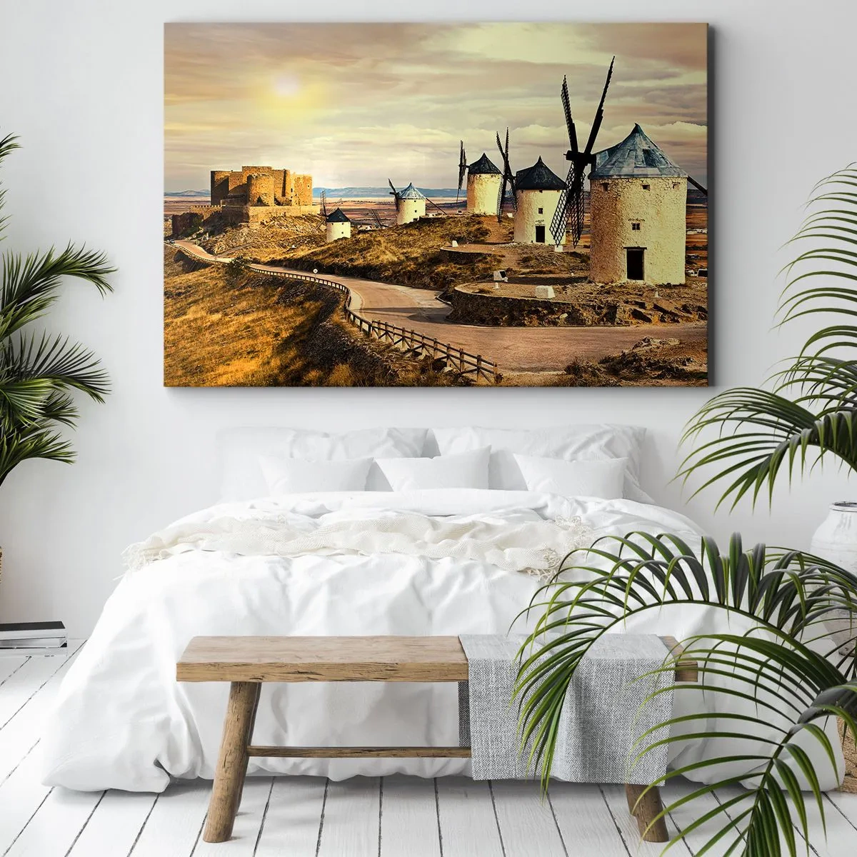 Cuadro sobre lienzo - Impresión de Imagen - Molinos de viento en las colinas con un castillo histórico al fondo - 100x70cm - Don Quijote los vio - Decoración de pared moderna para salón y dormitorio ARTTOR