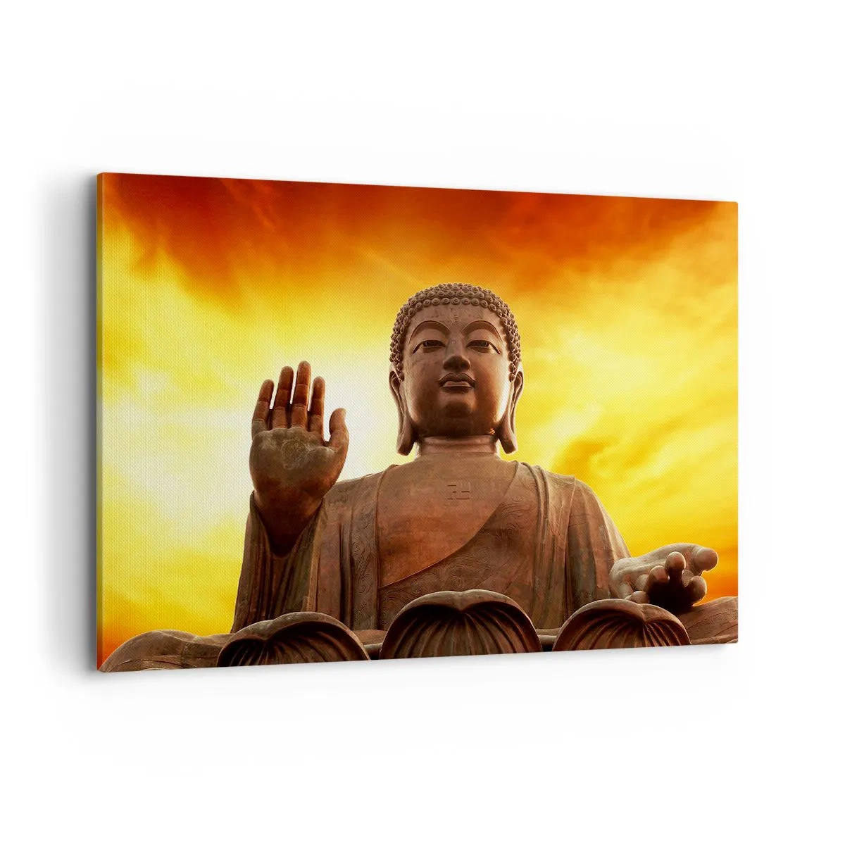 Cuadro sobre lienzo - Impresión de Imagen - Una estatua de Buda contra un cielo dorado al atardecer. - 120x80cm - La calma del mundo - Decoración de pared moderna para salón y dormitorio ARTTOR