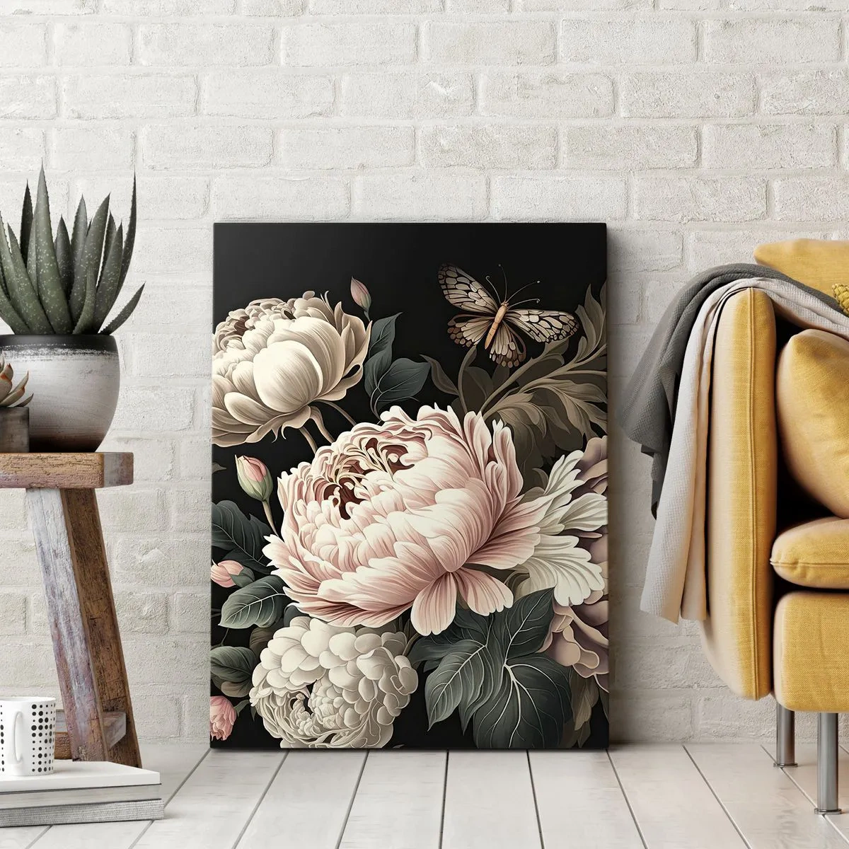 Cuadro sobre lienzo - Impresión de Imagen - Un ramo de flores rosas y mariposas sobre un fondo negro. - 50x70cm - En estilo barroco - Decoración de pared moderna para salón y dormitorio ARTTOR