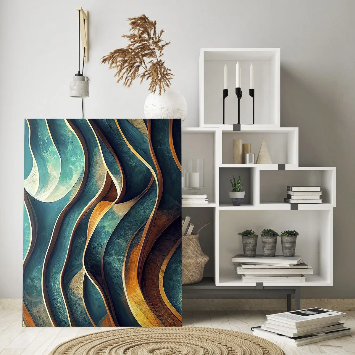 Cuadro sobre vidrio - Impresiones sobre Vidrio - Líneas dinámicas en azul y cobre que crean ondas. - 50x70cm - Meandros de azul - Decoración de pared moderna para salón y dormitorio ARTTOR