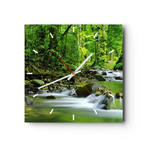 Reloj de pared - Reloj de vidrio - Un arroyo en un exuberante bosque tropical. - 30x30cm - Flotar en un mar de verde - Decoración de pared moderna para salón y dormitorio ARTTOR