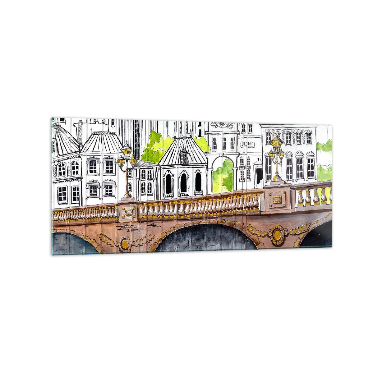 Cuadro sobre vidrio - Impresiones sobre Vidrio - Dibujo del puente y arquitectura urbana histórica - 120x50cm - Una ciudad de dibujo - Decoración de pared moderna para salón y dormitorio ARTTOR