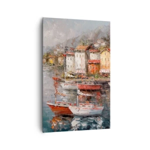 Cuadro sobre lienzo - Impresión de Imagen - Paisaje costero con barcos y casas de colores. - 80x120cm - Un refugio romántico - Decoración de pared moderna para salón y dormitorio ARTTOR