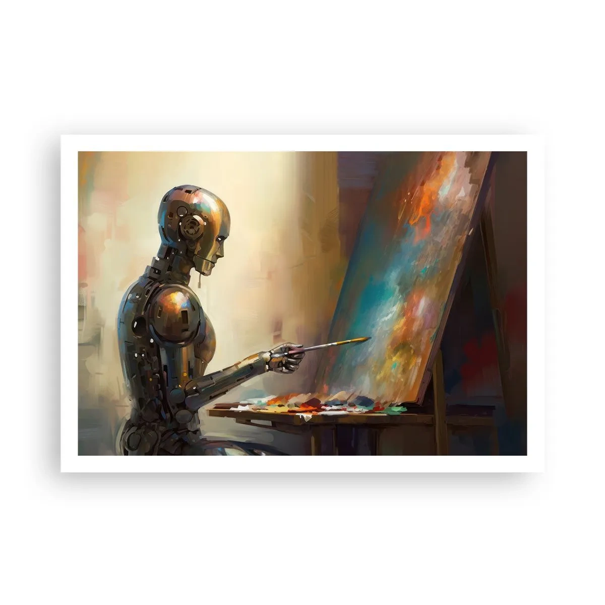 Póster - Un robot pintando sobre un lienzo con un estilo artístico. - 100x70cm - Arte del futuro - Decoración de pared moderna para salón y dormitorio ARTTOR