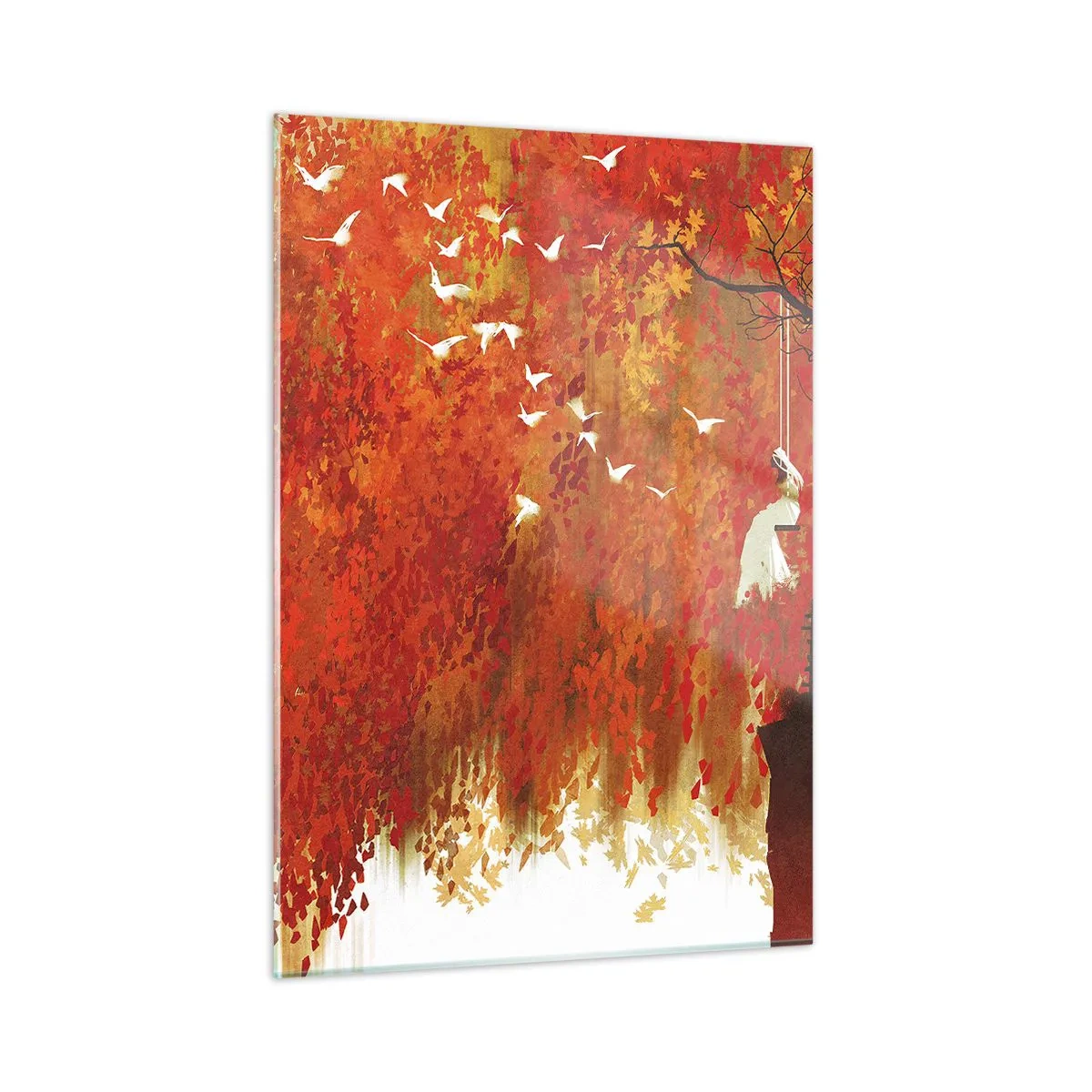 Cuadro sobre vidrio - Impresiones sobre Vidrio - Hojas rojas, un árbol solitario y pájaros en una escena otoñal. - 50x70cm - ¿Volará con ellos? - Decoración de pared moderna para salón y dormitorio ARTTOR