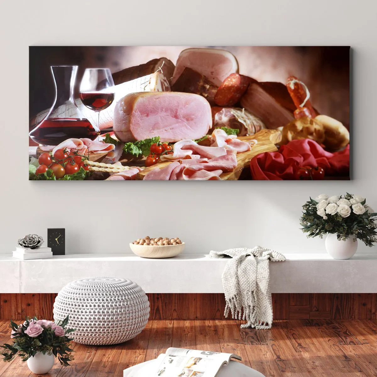 Cuadro sobre lienzo - Impresión de Imagen - Embutidos con vino sobre fondo rústico - 160x50cm - Un sueño culinario  - Decoración de pared moderna para salón y dormitorio ARTTOR