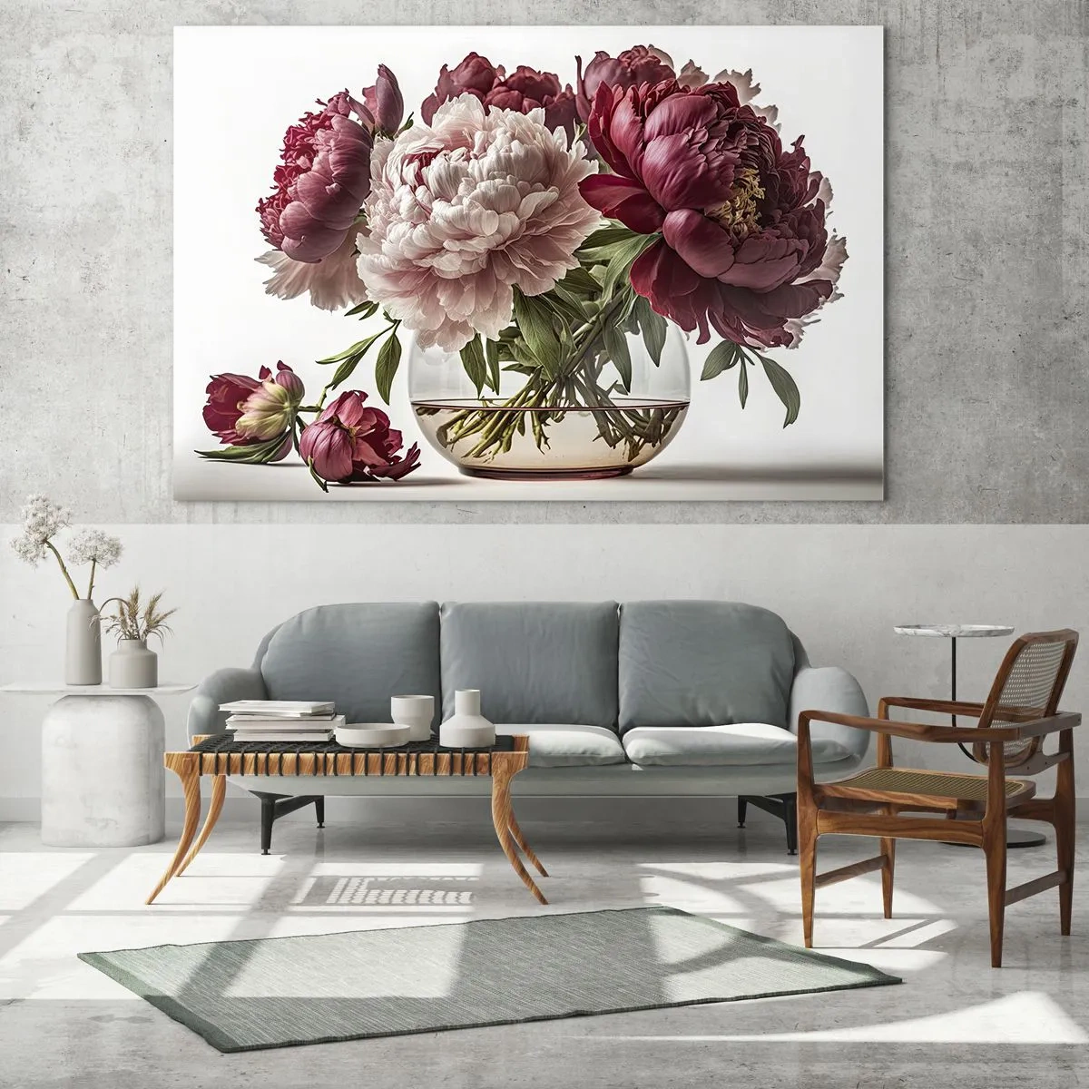 Cuadro sobre vidrio - Impresiones sobre Vidrio - Un ramo de peonías en un jarrón de cristal sobre un fondo claro. - 70x50cm - En plena floración de la belleza - Decoración de pared moderna para salón y dormitorio ARTTOR