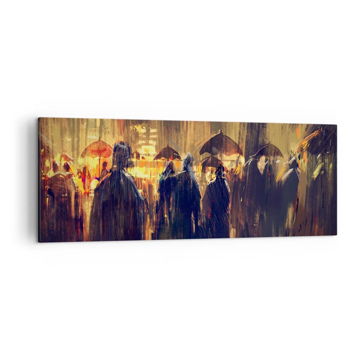 Cuadro sobre lienzo - Impresión de Imagen - Figuras con paraguas en una ciudad lluviosa por la noche - 140x50cm - Seguidores de la lluvia - Decoración de pared moderna para salón y dormitorio ARTTOR