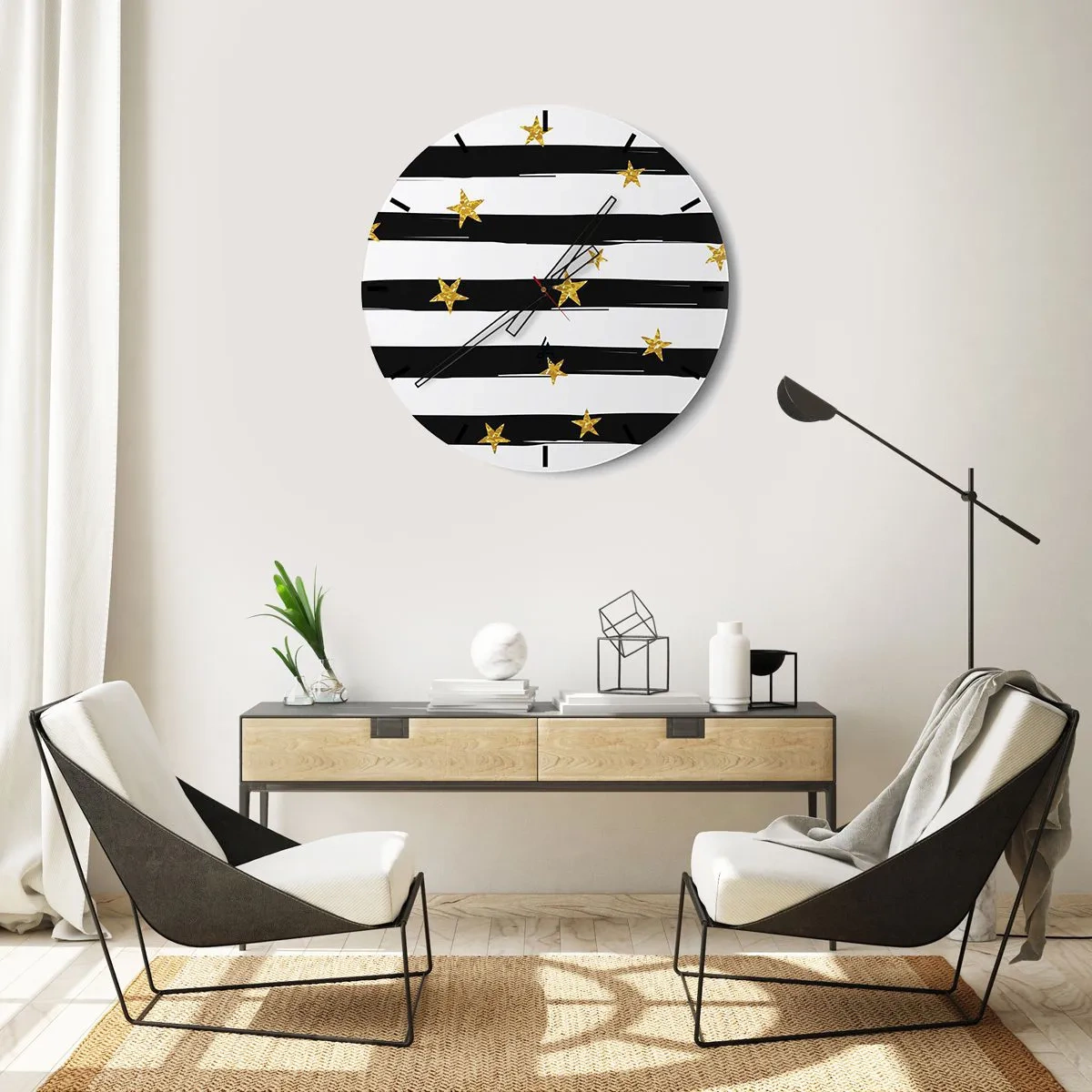 Reloj de pared - Reloj de vidrio - Rayas blancas y negras con estrellas doradas - 30x30cm - Todos hemos nacido bajo una estrella de la suerte - Decoración de pared moderna para salón, cocina y dormitorio ARTTOR