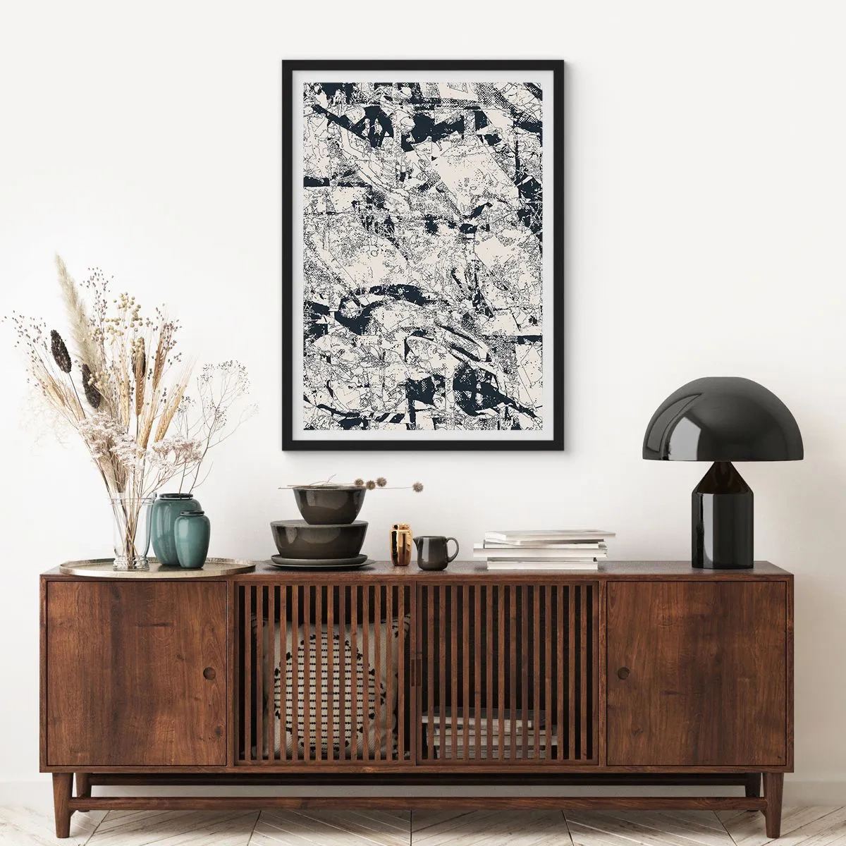 Póster en marco negro - Composición abstracta con textura en blanco y negro - 50x70cm - La interpenetración de los opuestos - Decoración de pared moderna para salón y dormitorio ARTTOR