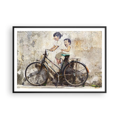 Póster en marco negro - Arte callejero con una bicicleta y dibujos infantiles en la pared. - 100x70cm - ¿Verdadero o falso? - Decoración de pared moderna para salón y dormitorio ARTTOR