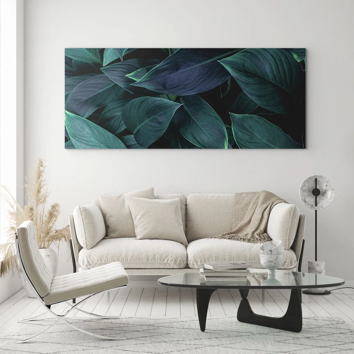 Cuadro sobre vidrio - Impresiones sobre Vidrio - Primer plano de hojas verdes con un fondo oscuro - 160x50cm - El propio verde - Decoración de pared moderna para salón y dormitorio ARTTOR