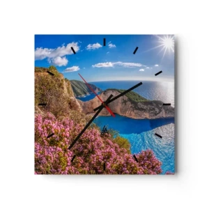 Reloj de pared - Reloj de vidrio - Un acantilado con flores, un mar turquesa y un soleado paisaje griego. - 30x30cm - Mis grandes vacaciones en Grecia - Decoración de pared moderna para salón y dormitorio ARTTOR
