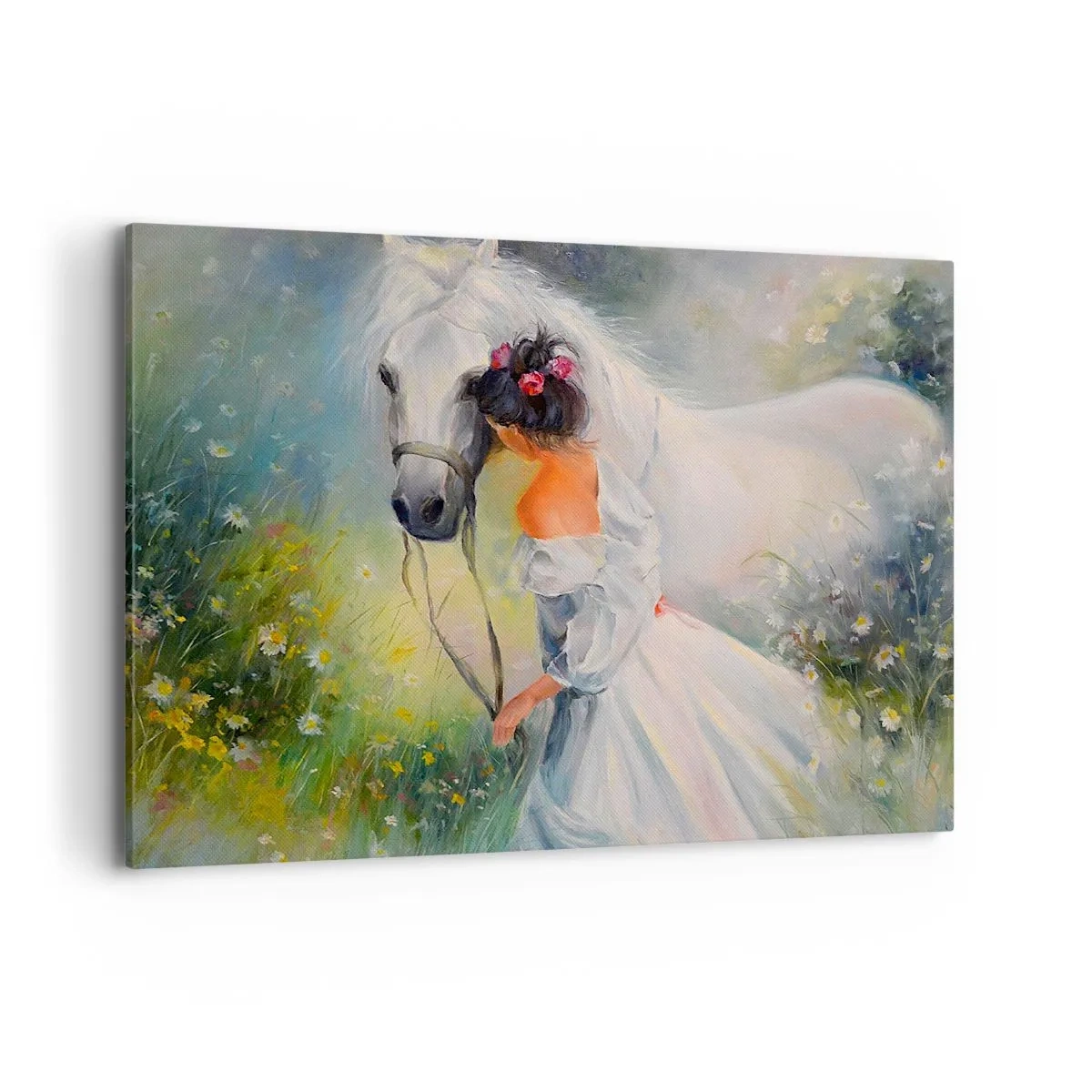 Cuadro sobre lienzo - Impresión de Imagen - Una mujer con un caballo blanco en un entorno pintoresco. - 100x70cm - Como si de un hermoso sueño se tratara - Decoración de pared moderna para salón y dormitorio ARTTOR