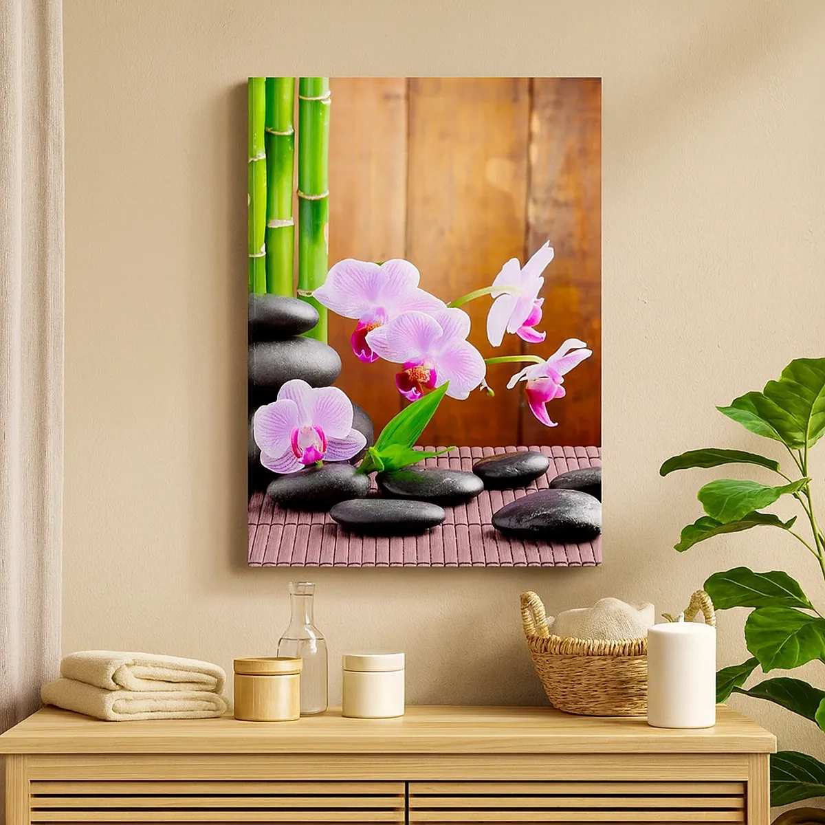 Cuadro sobre lienzo - Impresión de Imagen - Bambú de estilo zen, piedras y orquídeas rosas sobre un fondo de madera. - 50x70cm - Experimente los placeres de Oriente - Decoración de pared moderna para salón y dormitorio ARTTOR