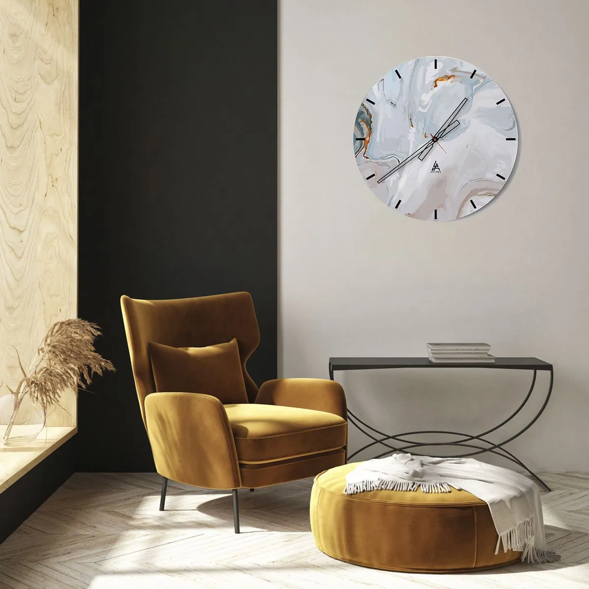 Reloj de pared - Reloj de vidrio - Un patrón abstracto en tonos azul, gris y beige con un toque dorado. - 30x30cm - Blanco fusión - Decoración de pared moderna para salón, cocina y dormitorio ARTTOR