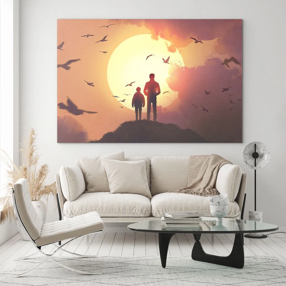 Cuadro sobre vidrio - Impresiones sobre Vidrio - Figuras de un padre y un hijo de pie contra el fondo del sol poniente y pájaros volando. - 100x70cm - Cara a cara con el sol - Decoración de pared moderna para salón y dormitorio ARTTOR