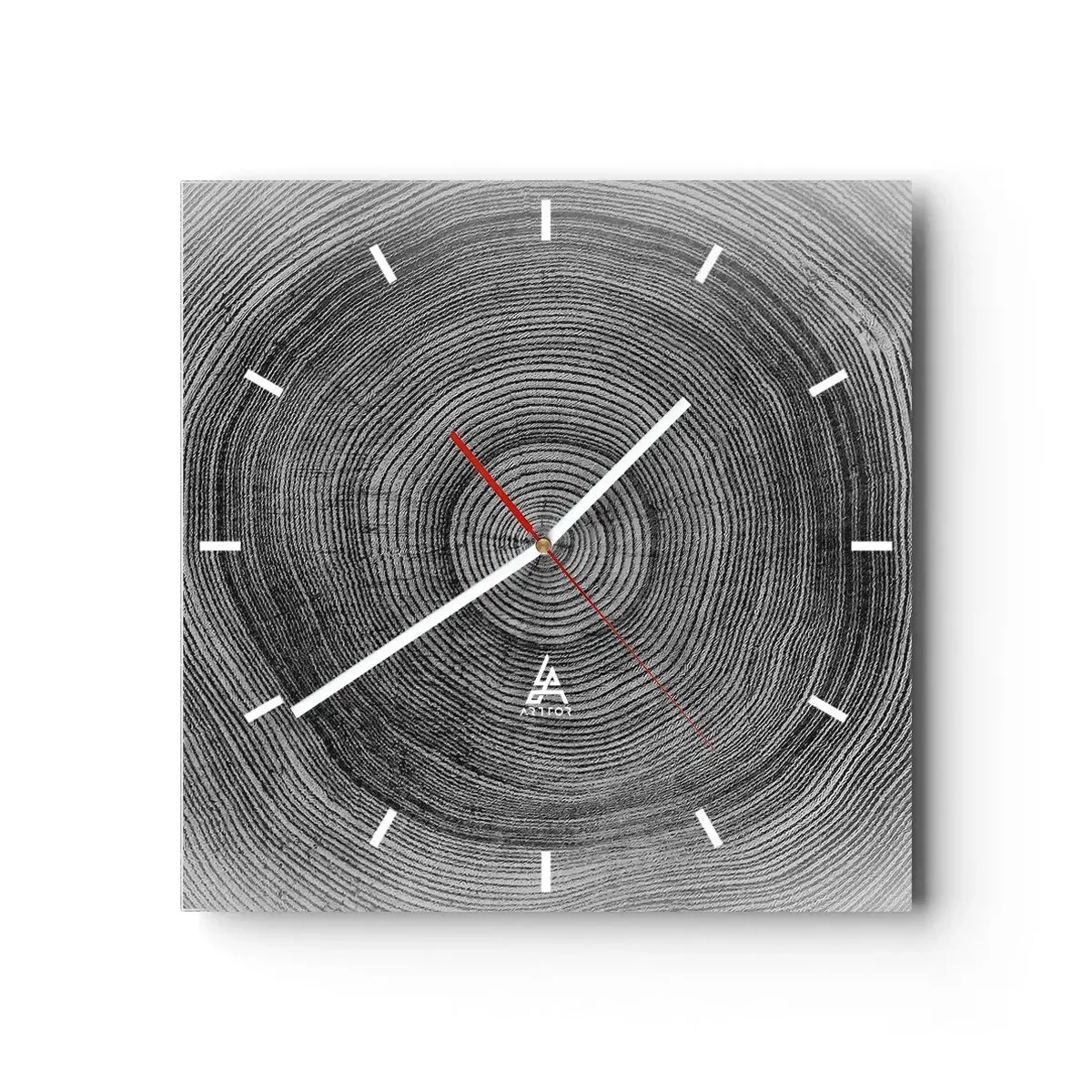 Reloj de pared - Reloj de vidrio - Patrón de anillos de árboles en blanco y negro que muestra una sección transversal del tronco. - 30x30cm - El paso del tiempo - Decoración de pared moderna para salón y dormitorio ARTTOR