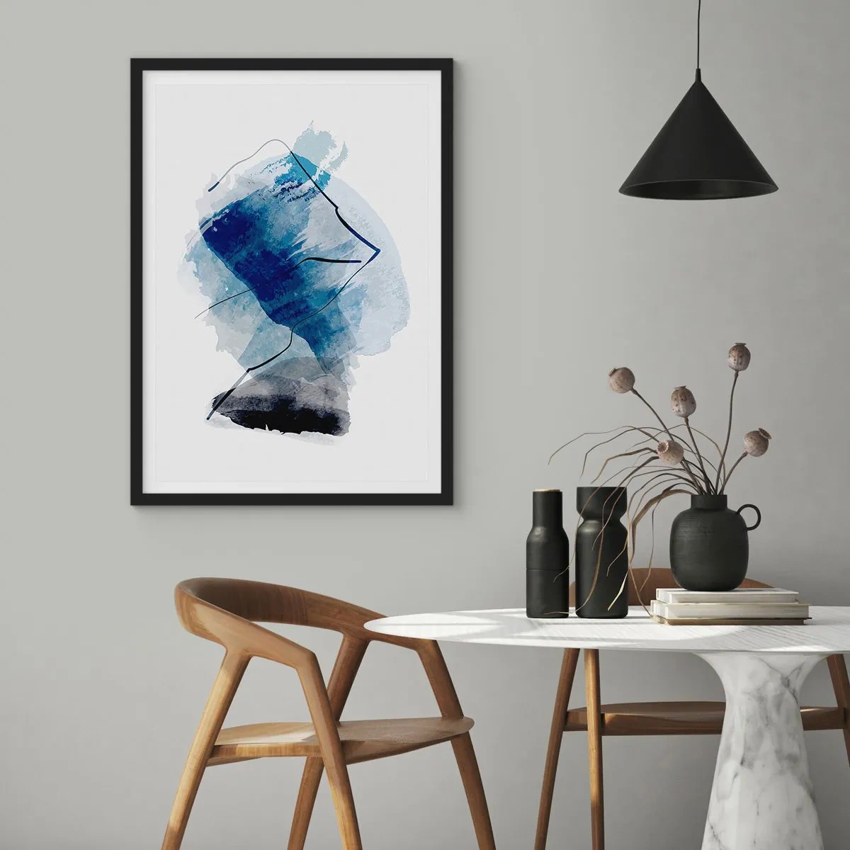 Póster en marco negro - Abstracción en tonos azules con líneas negras. - 50x70cm - Montaña helada - Decoración de pared moderna para salón y dormitorio ARTTOR
