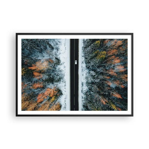 Póster en marco negro - Un camino a través de un bosque invernal visto a vista de pájaro - 100x70cm - Atravesar el bosque en invierno - Decoración de pared moderna para salón y dormitorio ARTTOR