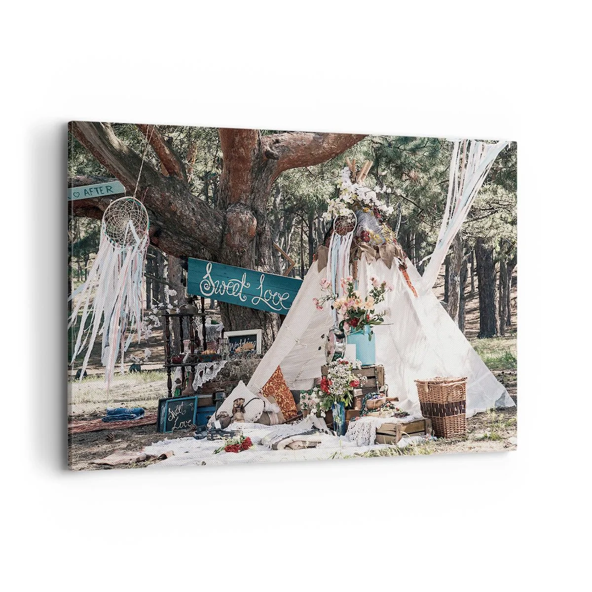 Cuadro sobre lienzo - Impresión de Imagen - Decoración boho con un tipi en el bosque - 100x70cm - Amor exótico - Decoración de pared moderna para salón y dormitorio ARTTOR