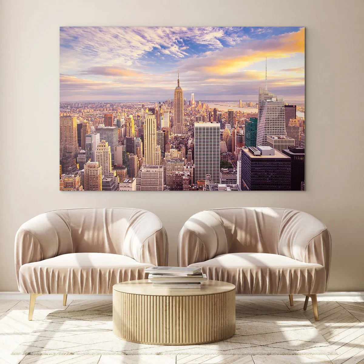 Cuadro sobre vidrio - Impresiones sobre Vidrio - Panorama de la ciudad con rascacielos al atardecer - 100x70cm - Alcanzar las nubes - Decoración de pared moderna para salón y dormitorio ARTTOR