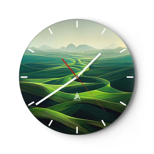 Reloj de pared - Reloj de vidrio - Valles y colinas verdes en un enfoque artístico del paisaje - 30x30cm - Valles en tonos verdes - Decoración de pared moderna para salón, cocina y dormitorio ARTTOR