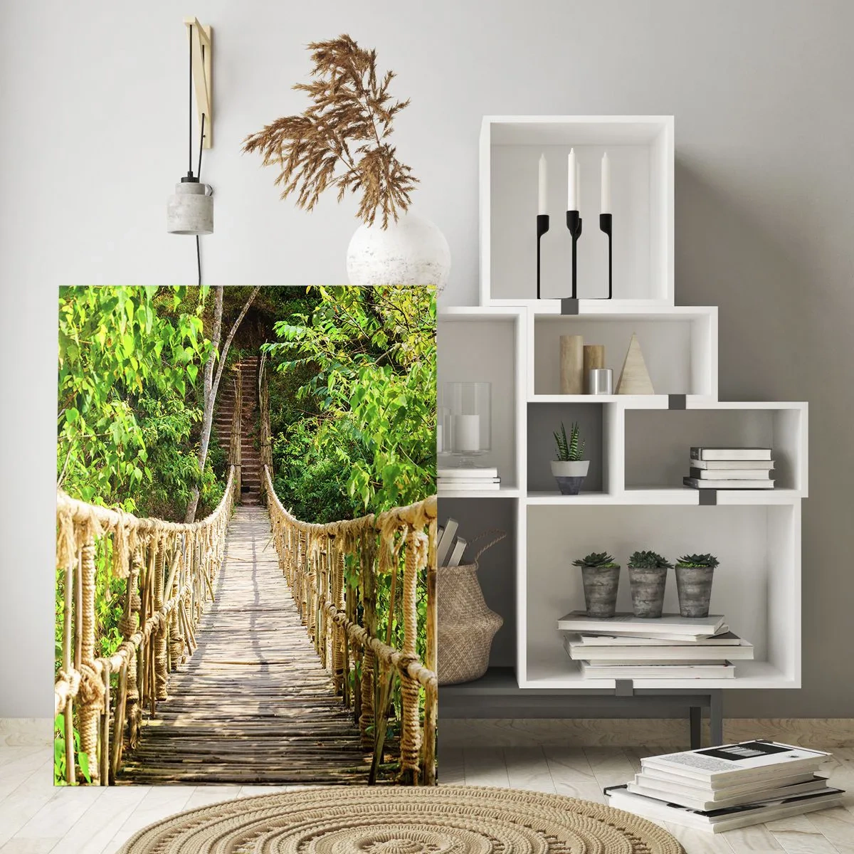 Cuadro sobre vidrio - Impresiones sobre Vidrio - Un puente colgante en un bosque tropical lleno de vegetación. - 70x100cm - Suspendido en verde - Decoración de pared moderna para salón y dormitorio ARTTOR