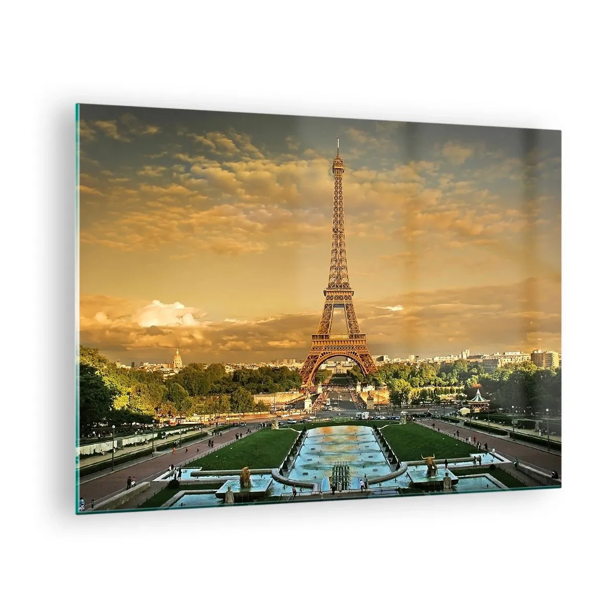 Cuadro sobre vidrio - Impresiones sobre Vidrio - La Torre Eiffel rodeada de jardines parisinos al atardecer - 70x50cm - Reina de París - Decoración de pared moderna para salón y dormitorio ARTTOR