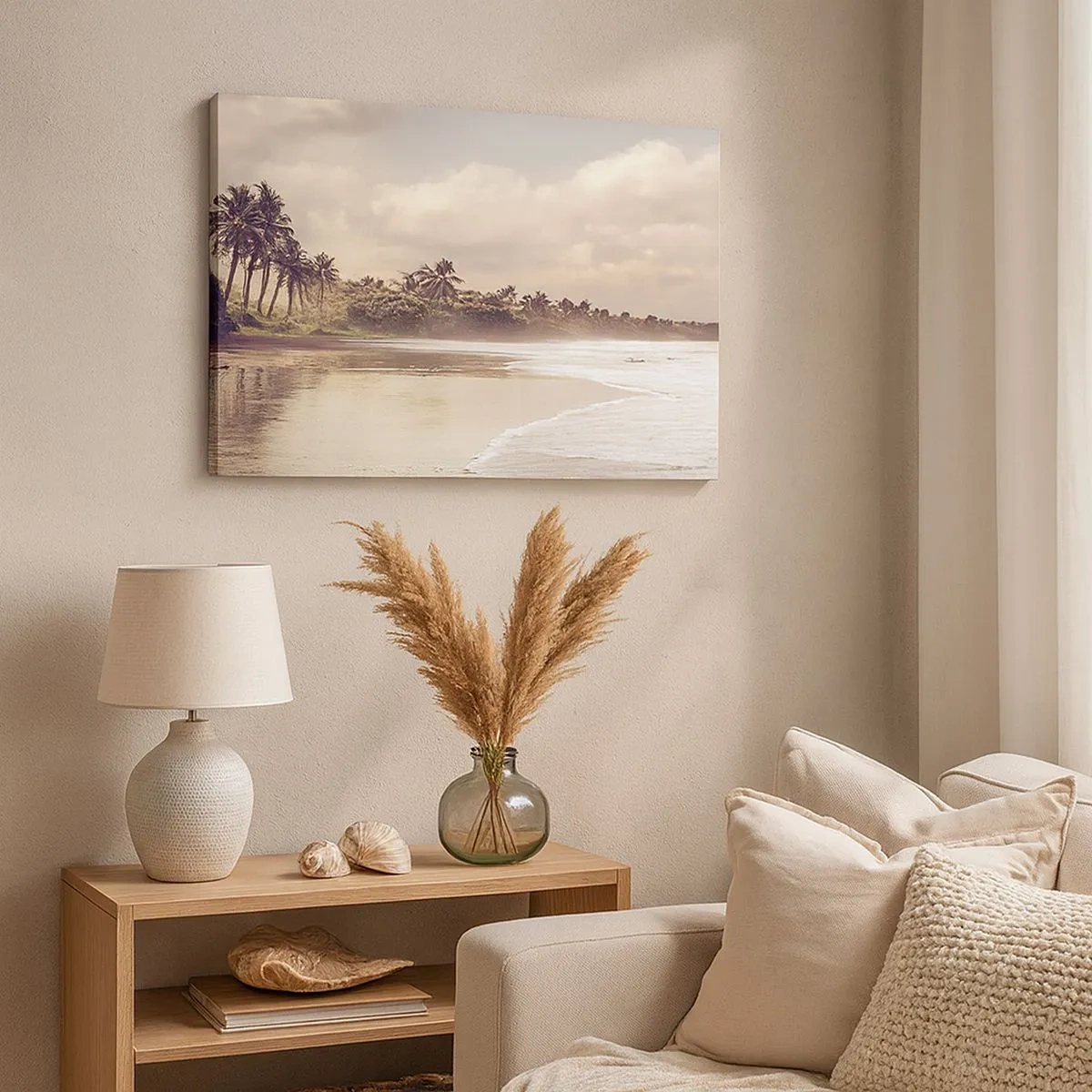 Cuadro sobre lienzo - Impresión de Imagen - Una playa con palmeras y olas suaves por la mañana. - 70x50cm - La caricia de las olas - Decoración de pared moderna para salón y dormitorio ARTTOR