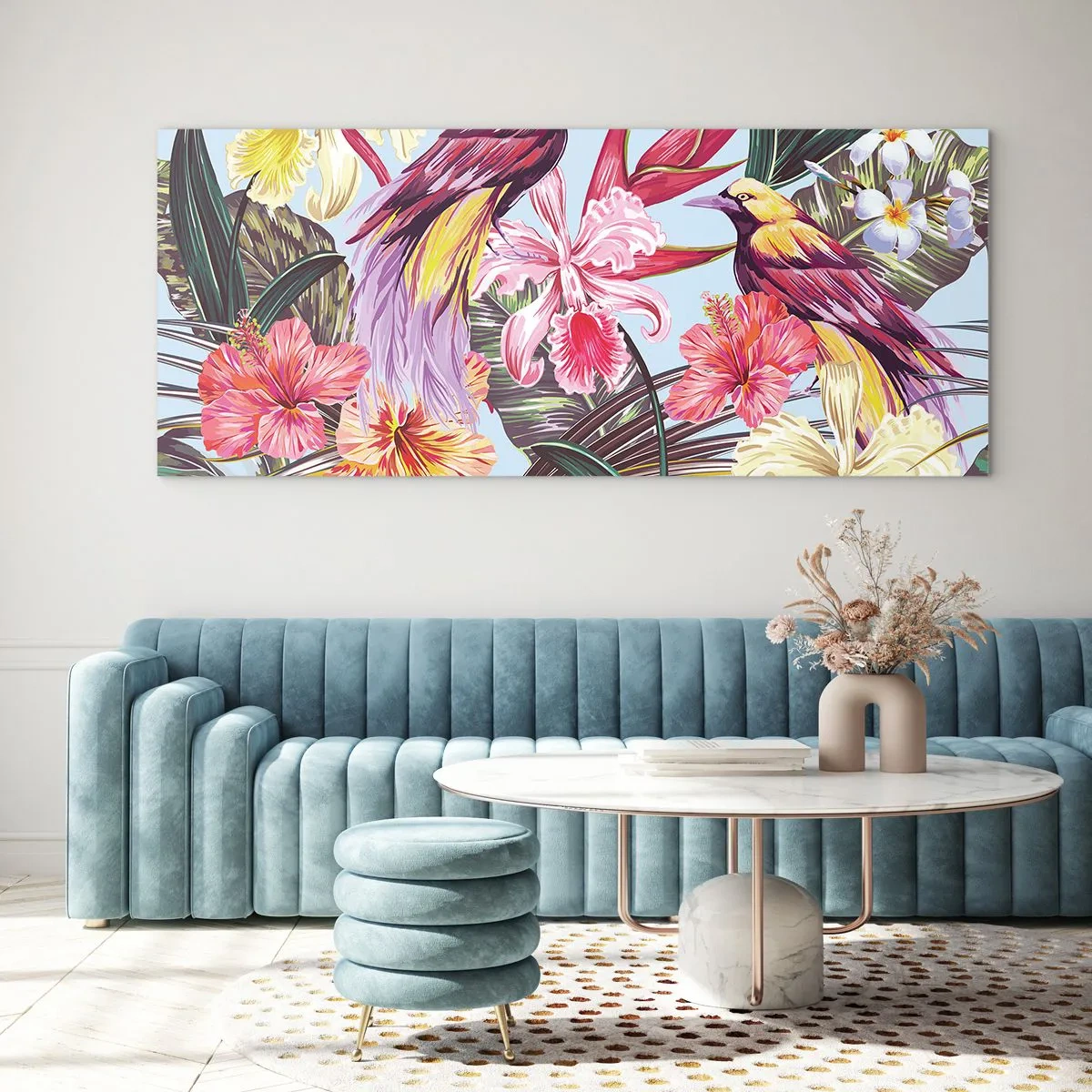 Cuadro sobre vidrio - Impresiones sobre Vidrio - Aves exóticas entre flores tropicales - 140x50cm - Pétalos y plumas - Decoración de pared moderna para salón y dormitorio ARTTOR